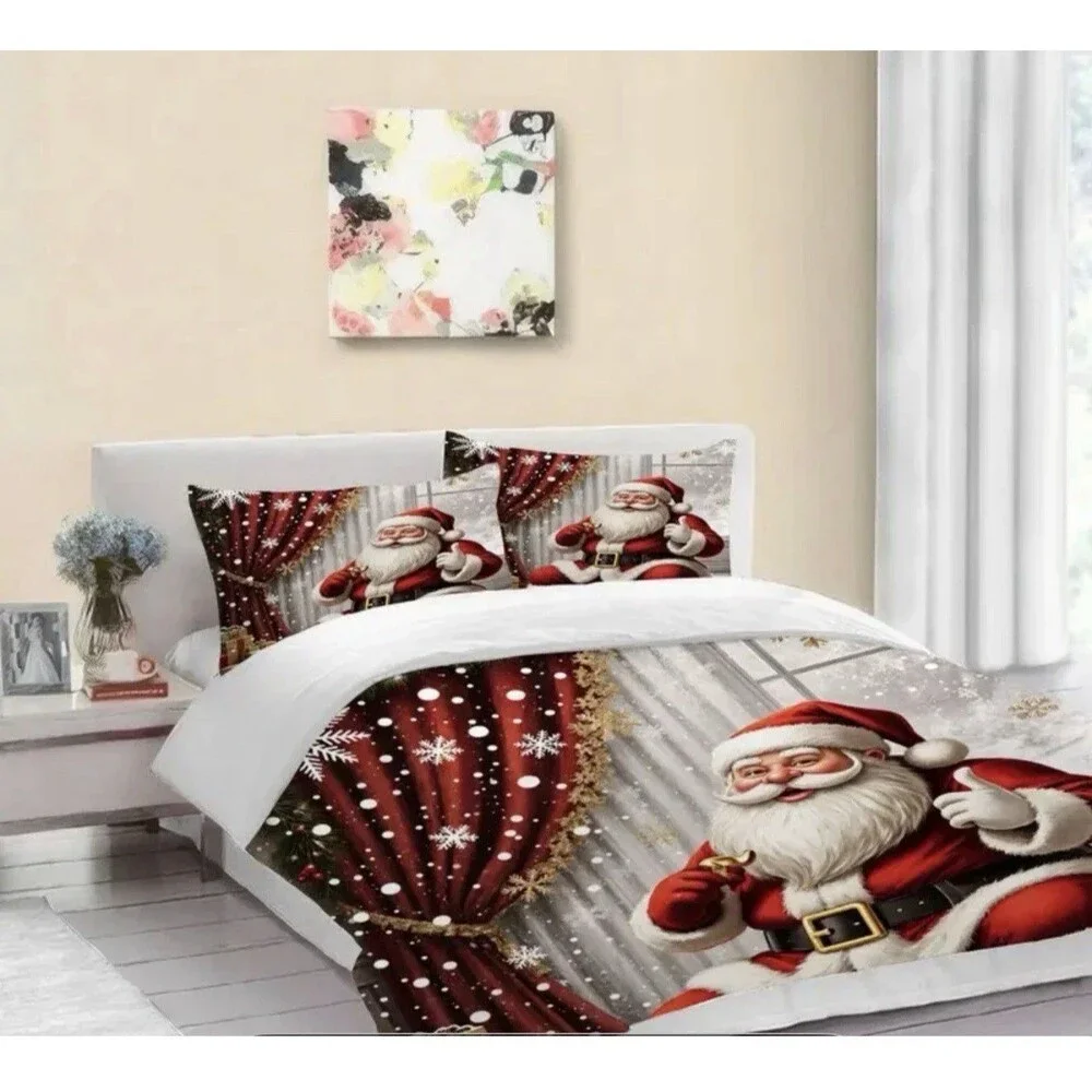 3-Pcs Santa Claus Bedding Set, Holiday Theme Digital Printed Quilt Cover Pillows